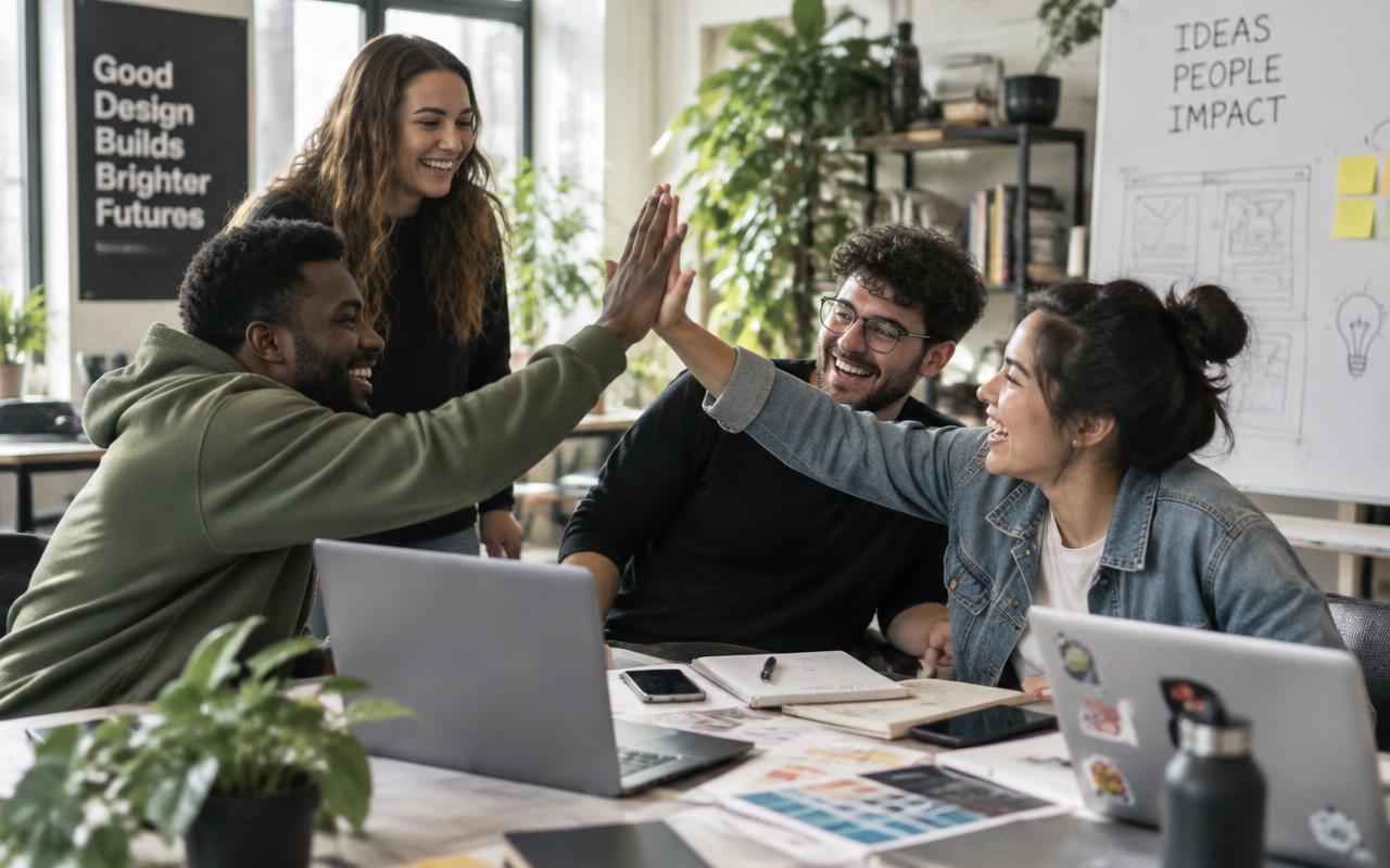 Developers and designers laughing and high-fiving in a studio